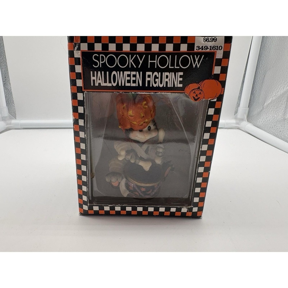 Vintage 1990s Spooky Hollow Halloween Cat Figurine Playing Drum Kitten W/ Box